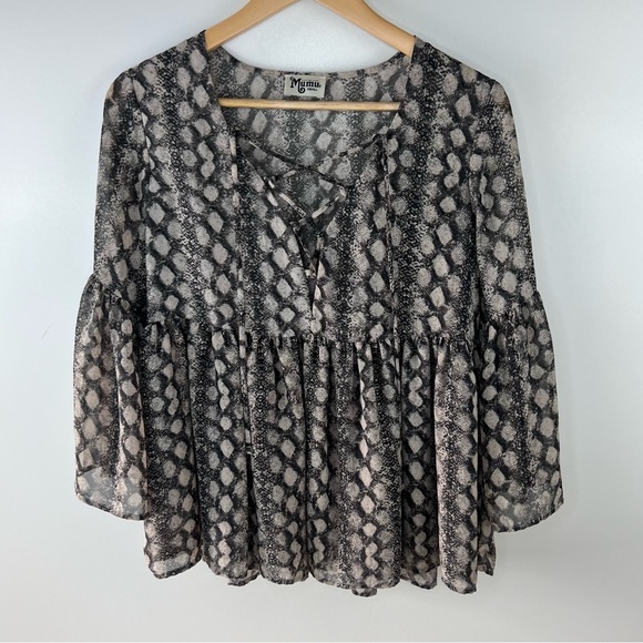SHOW ME YOUR MUMU Post Tie Ruffle Top Size Small Snake Print - Picture 2 of 7